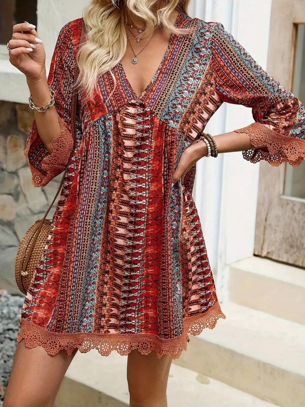Lace Trim Printed V-Neck 3/4 Sleeve Dress Secondary image