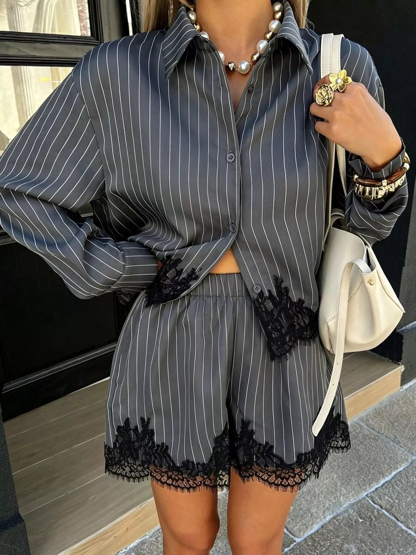 Lace Trim Striped Button-Down Shirt and Shorts Set Secondary image