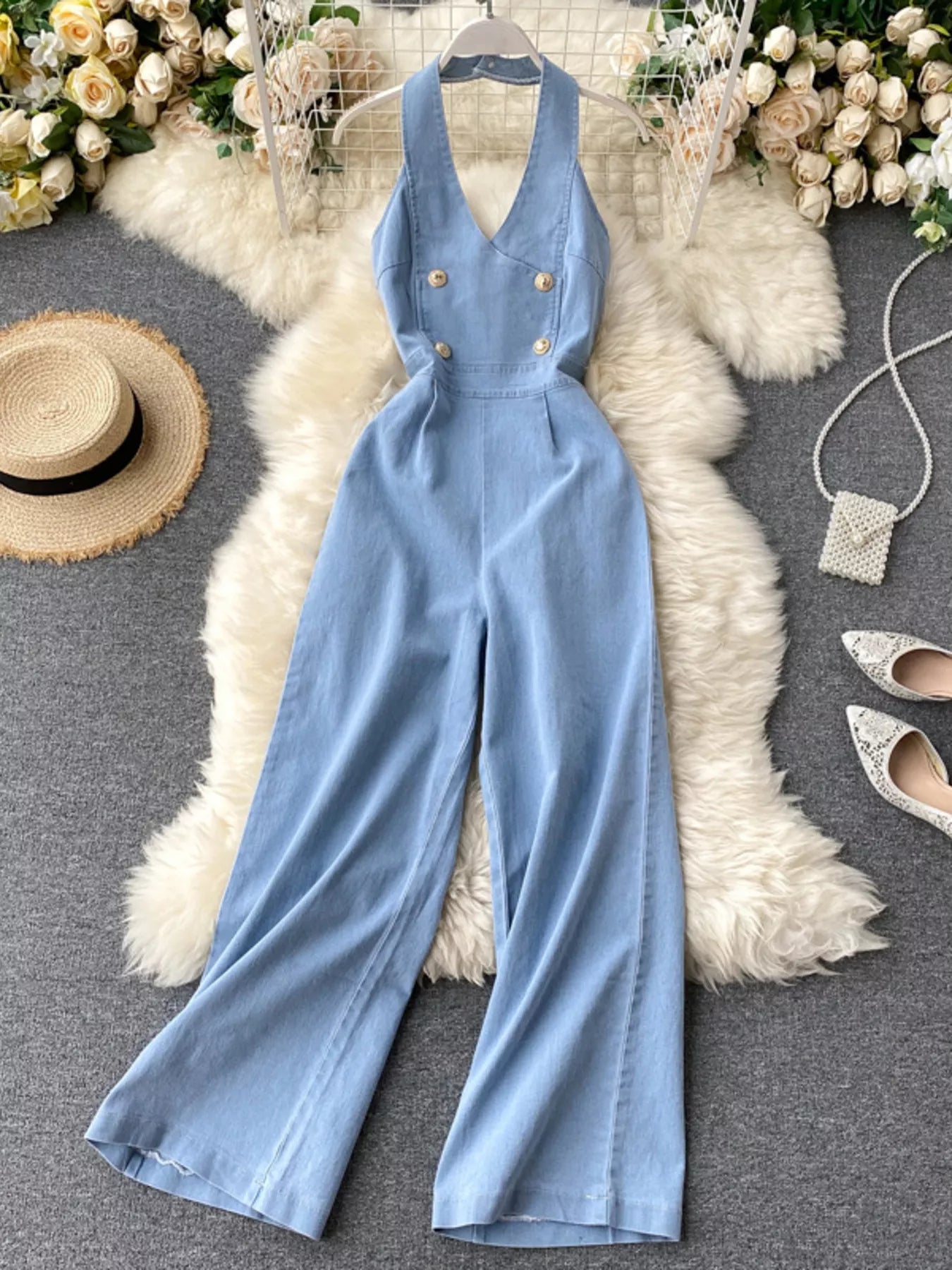 Halter Neck Wide Leg Denim Jumpsuit Secondary image