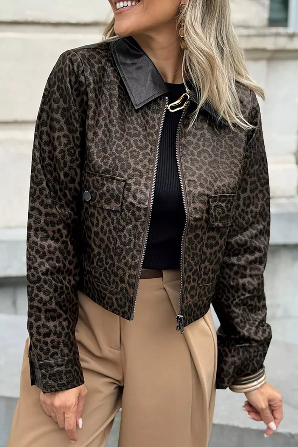 Leopard Print Cropped Faux Leather Jacket with Utility Pockets Secondary image