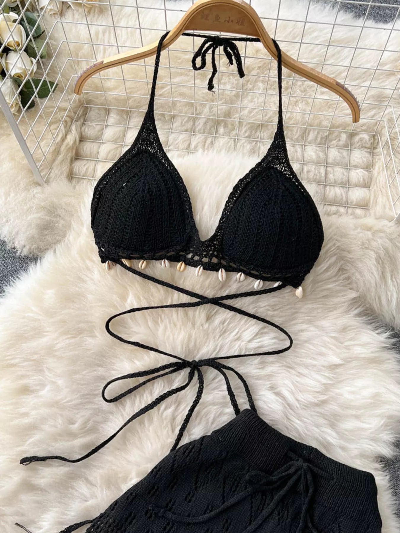 Crochet Knit Halter Neck Top and Wide Leg Pants Set Secondary image