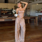 Women's Print Vest and Pleated Pants Set Lace Up