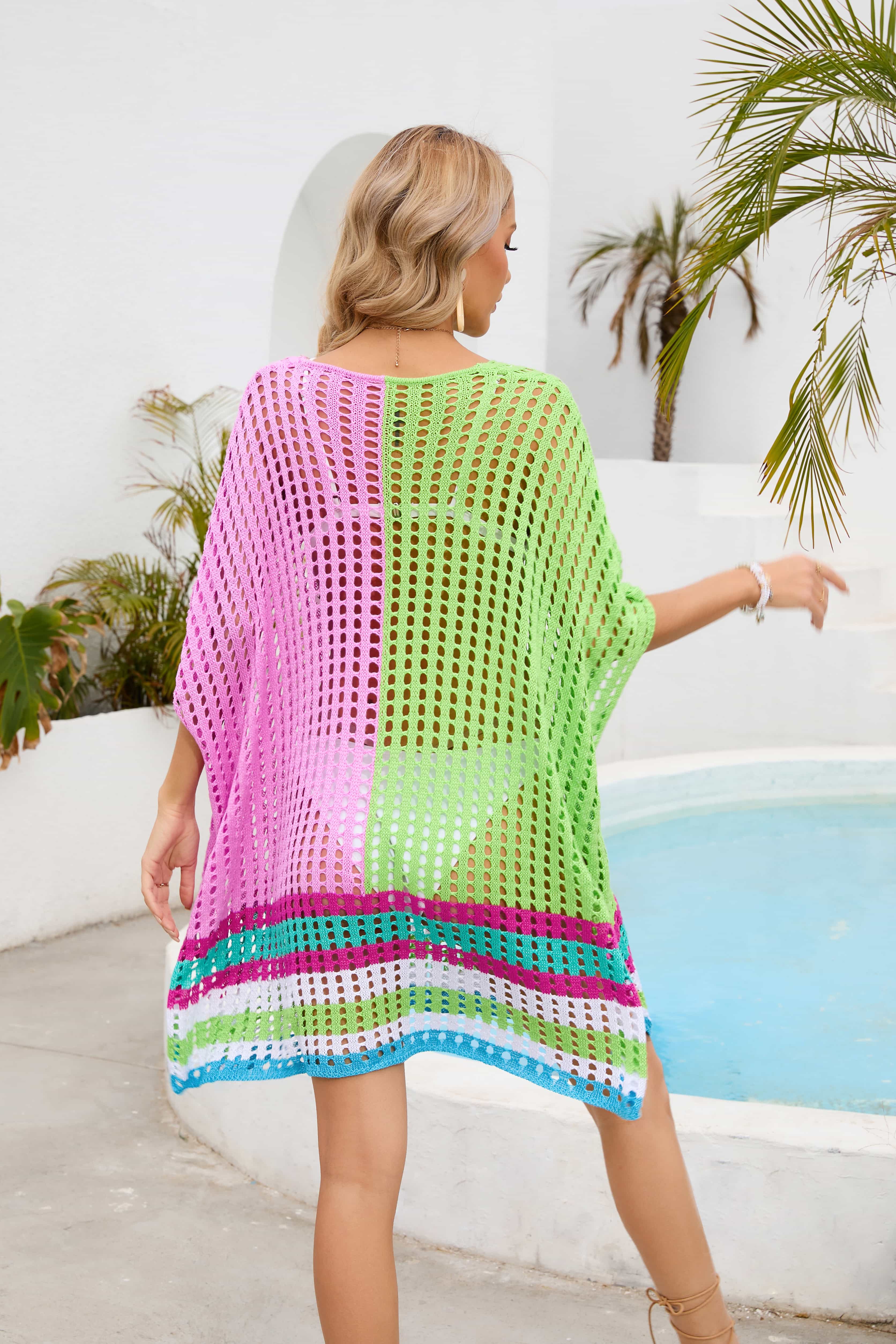 Contrast Scoop Neck Openwork Half Sleeve Cover Up Secondary image
