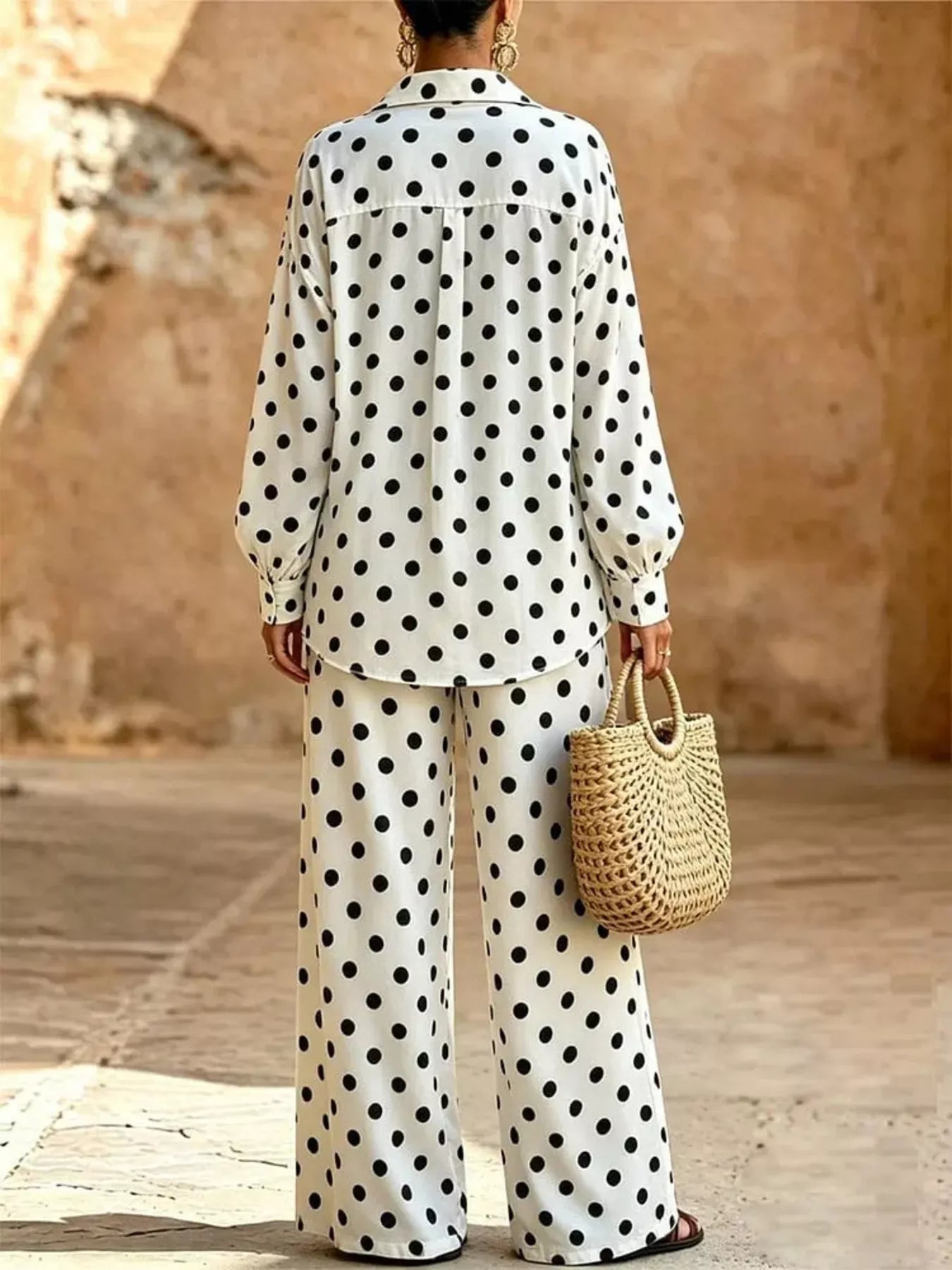 Full Size Polka Dot Shirt and Wide-Leg Pants Set Plus Size Secondary image