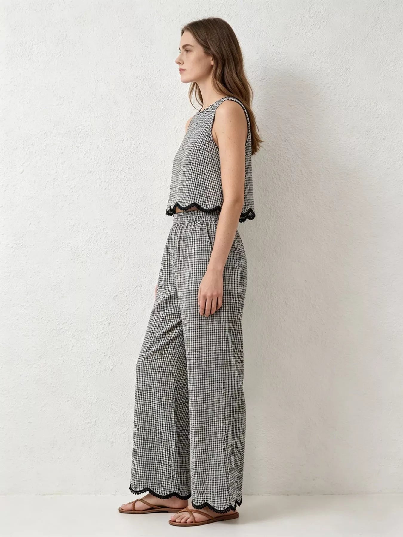 Plaid Scalloped Trim Tank and Pants Set Secondary image