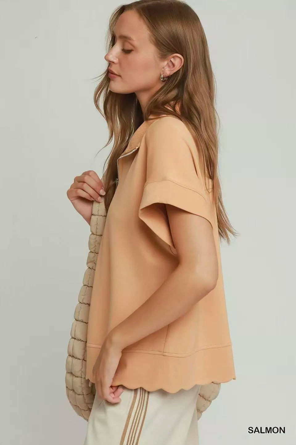 Umgee Half Zip Pullover with Scalloped Edge Hem Secondary image