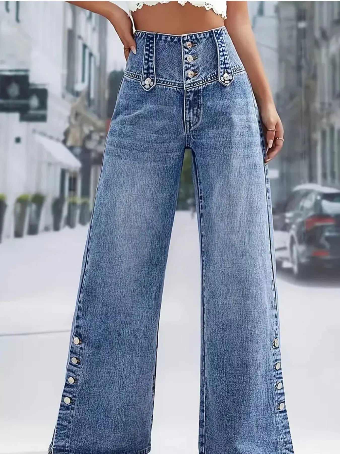High Waist Button Decor Wide Leg Jeans Secondary image