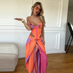 Women's Print Vest and Pleated Pants Set Lace Up