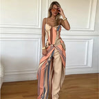 Women's Print Vest and Pleated Pants Set Lace Up
