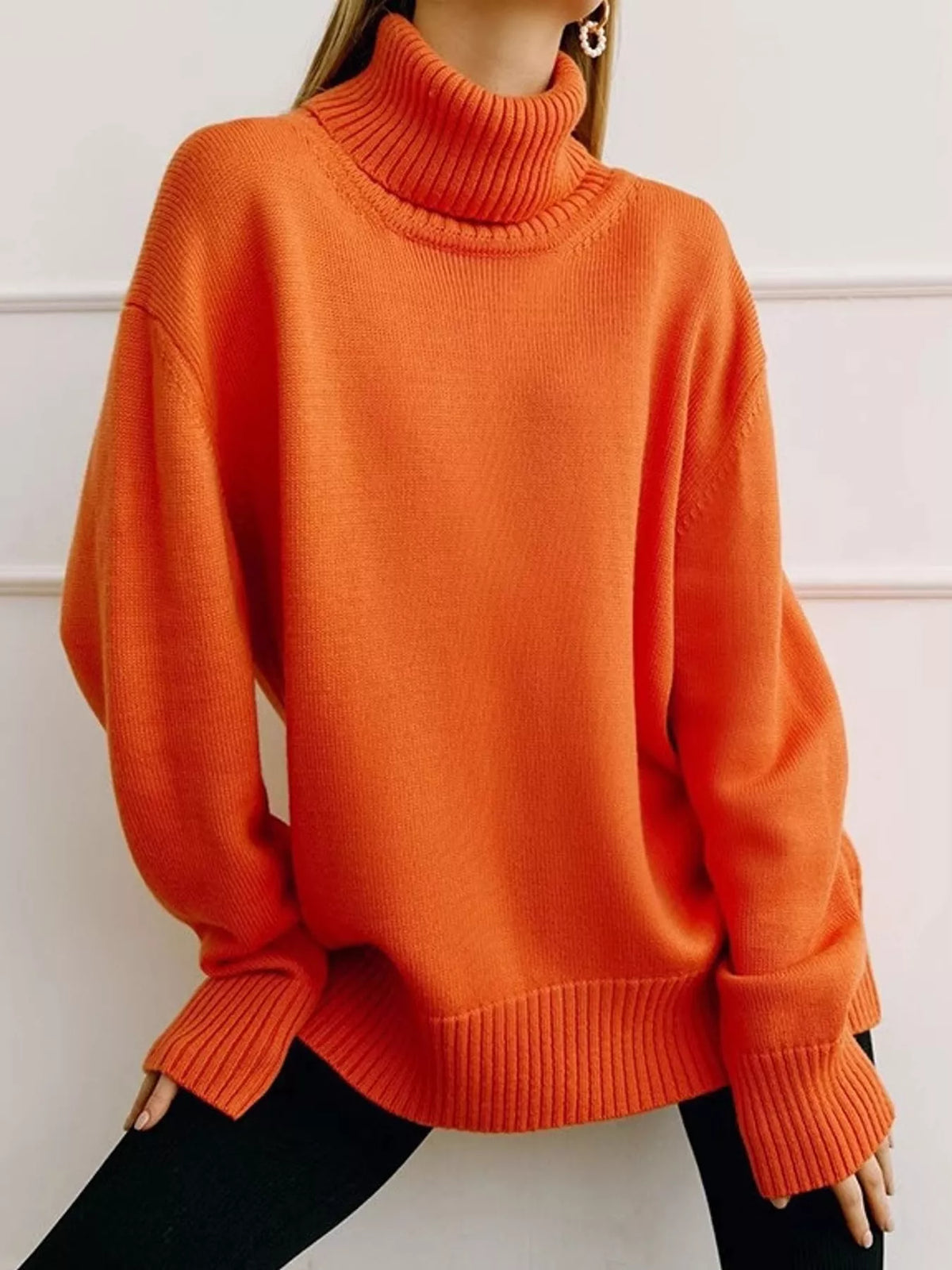 Women's Oversized Ribbed Turtleneck Sweater – Dropped Shoulder Relaxed Fit - photo 22