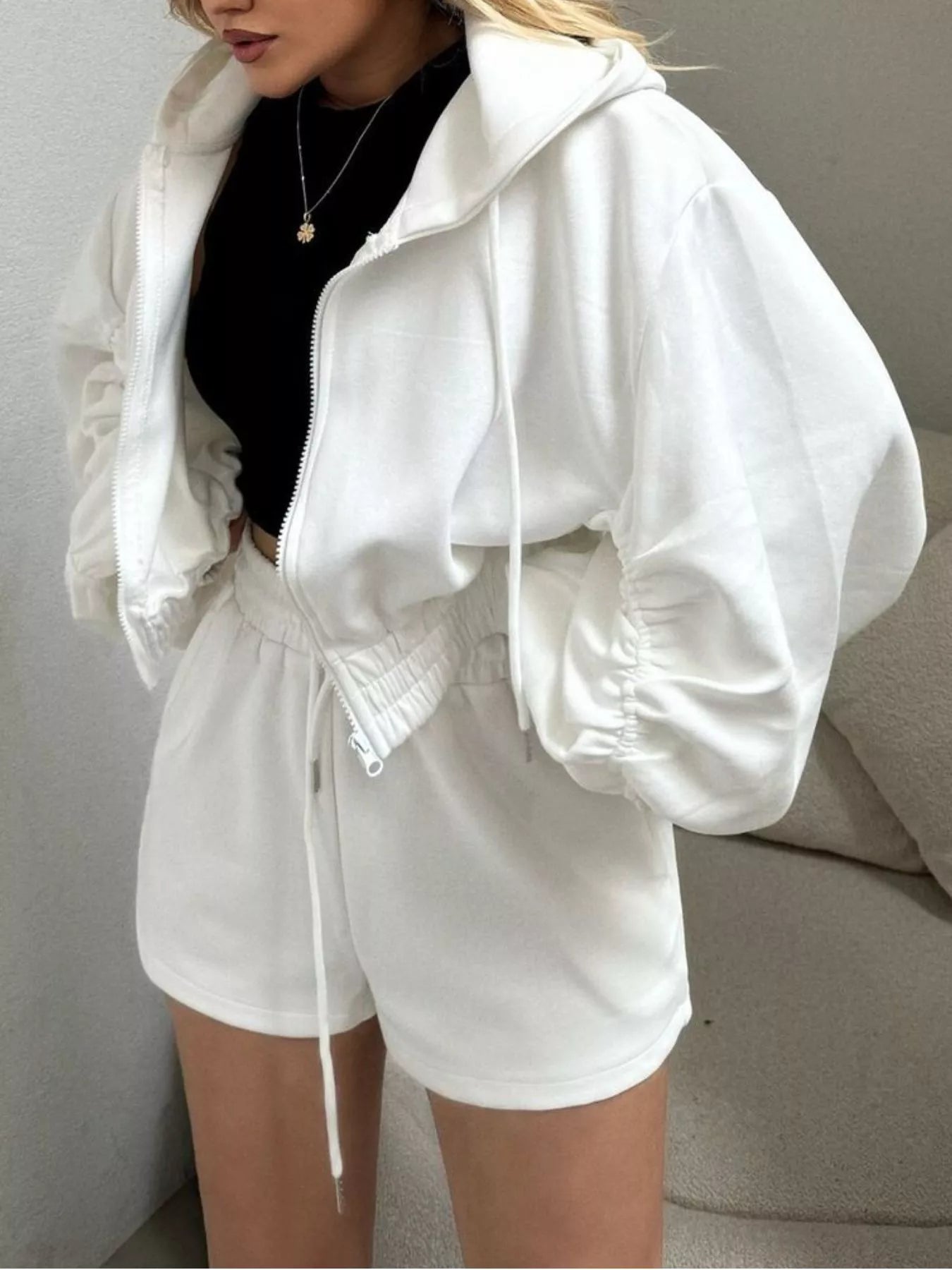 Zip-Up Jacket and High-Waisted Drawstring Shorts Set Secondary image