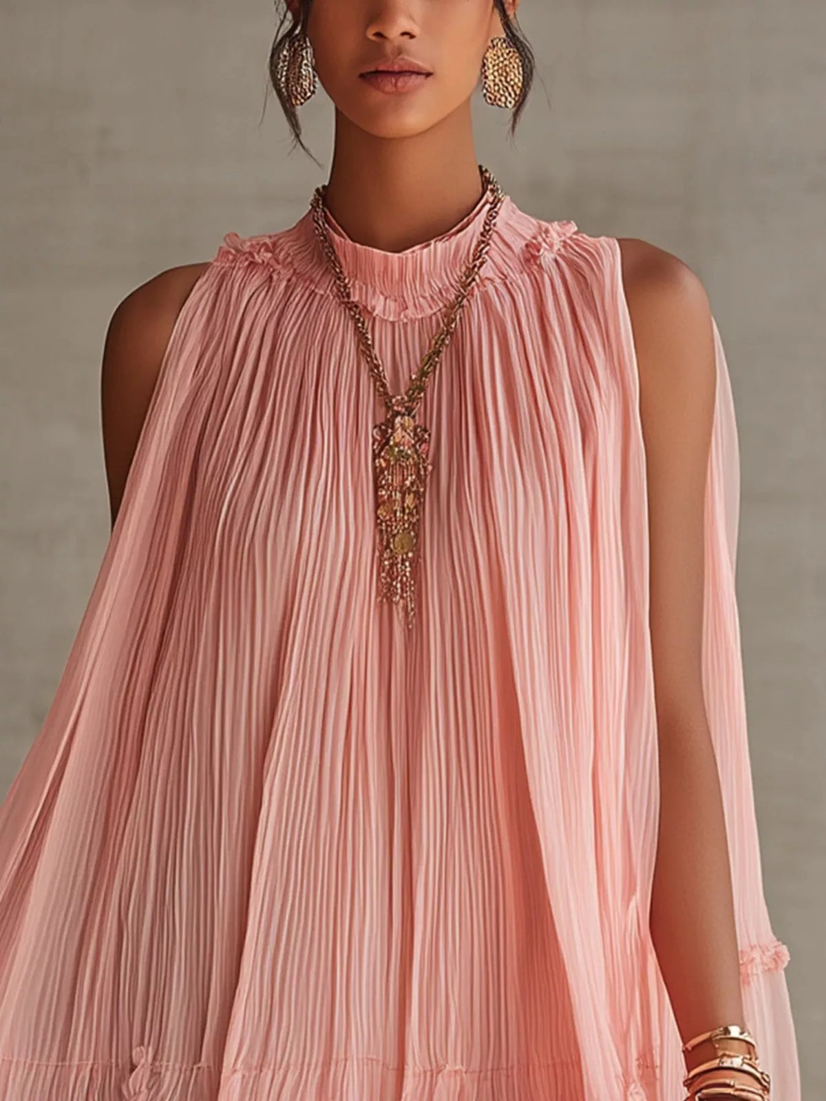 Pleated Mock Neck Sleeveless Mini Dress - photo 3