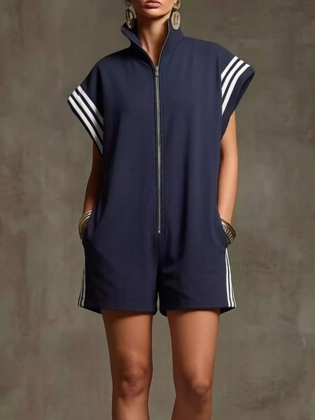 Striped Zip Front Short Sleeve Romper - photo 7
