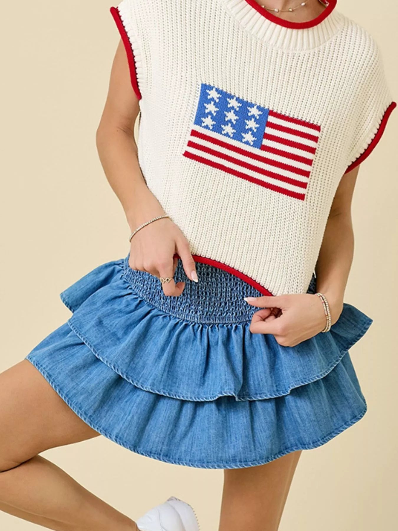 Layered Ruffle Smocked Waist Denim Skirt Secondary image