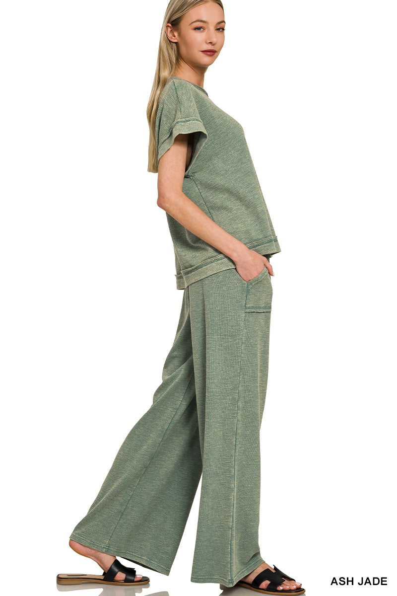 Zenana Washed Slub Short Sleeve Tee & Long Pants Set Secondary image