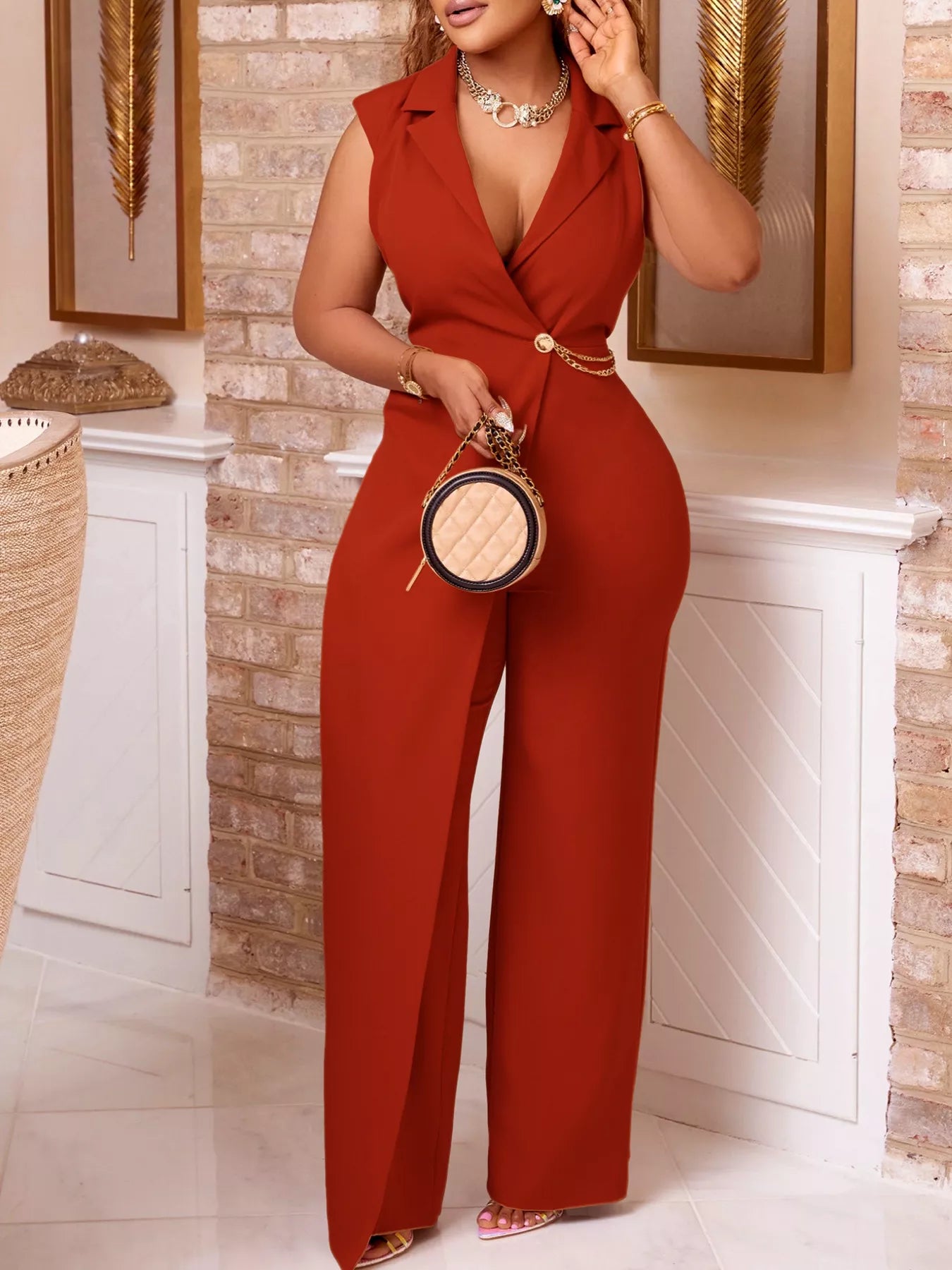 Full Size Asymmetrical Sleeveless Blazer Style Wide Leg Jumpsuit Plus Size Secondary image
