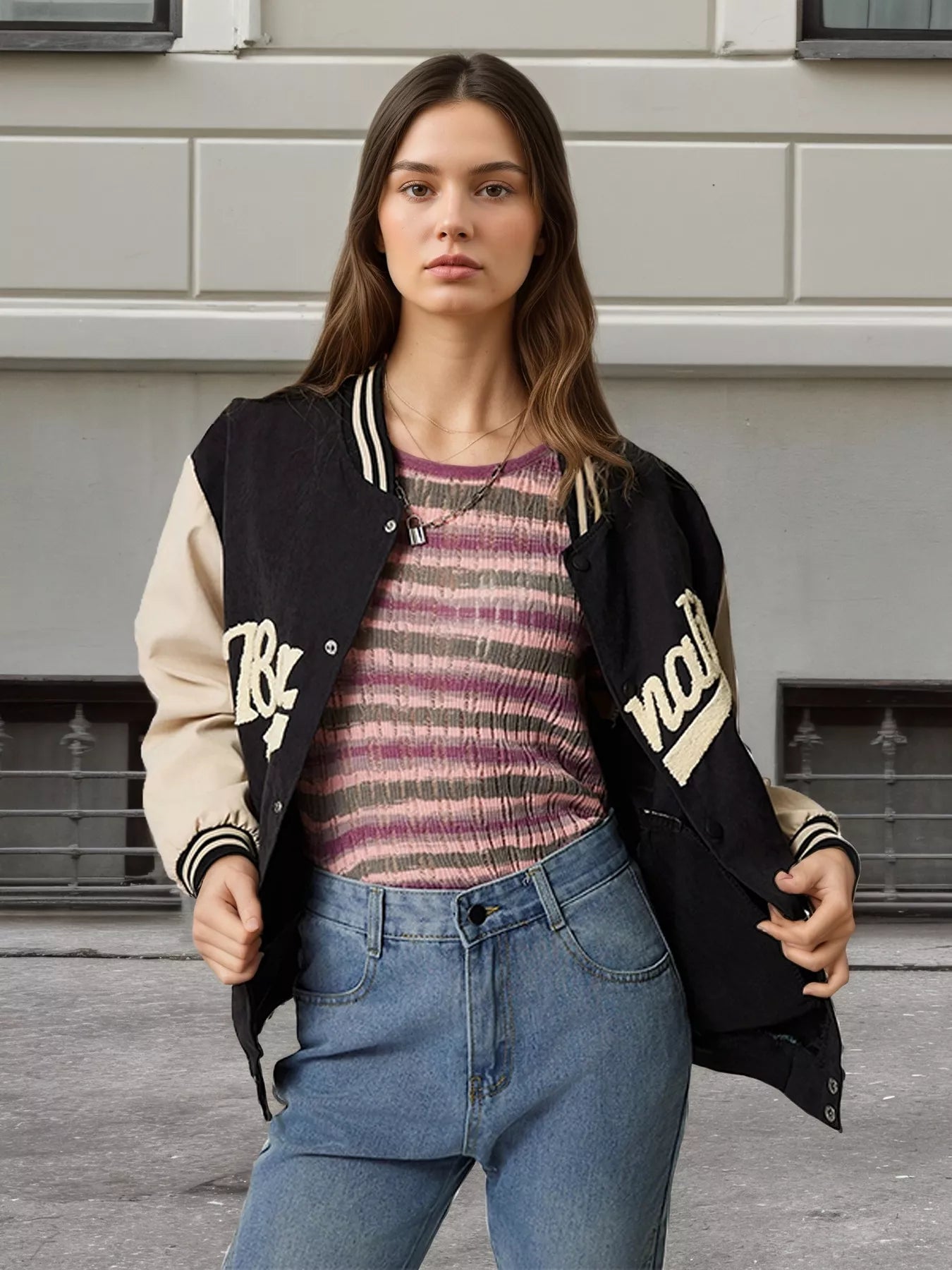 Contrast Baseball Jacket with Embroidered Lettering Secondary image