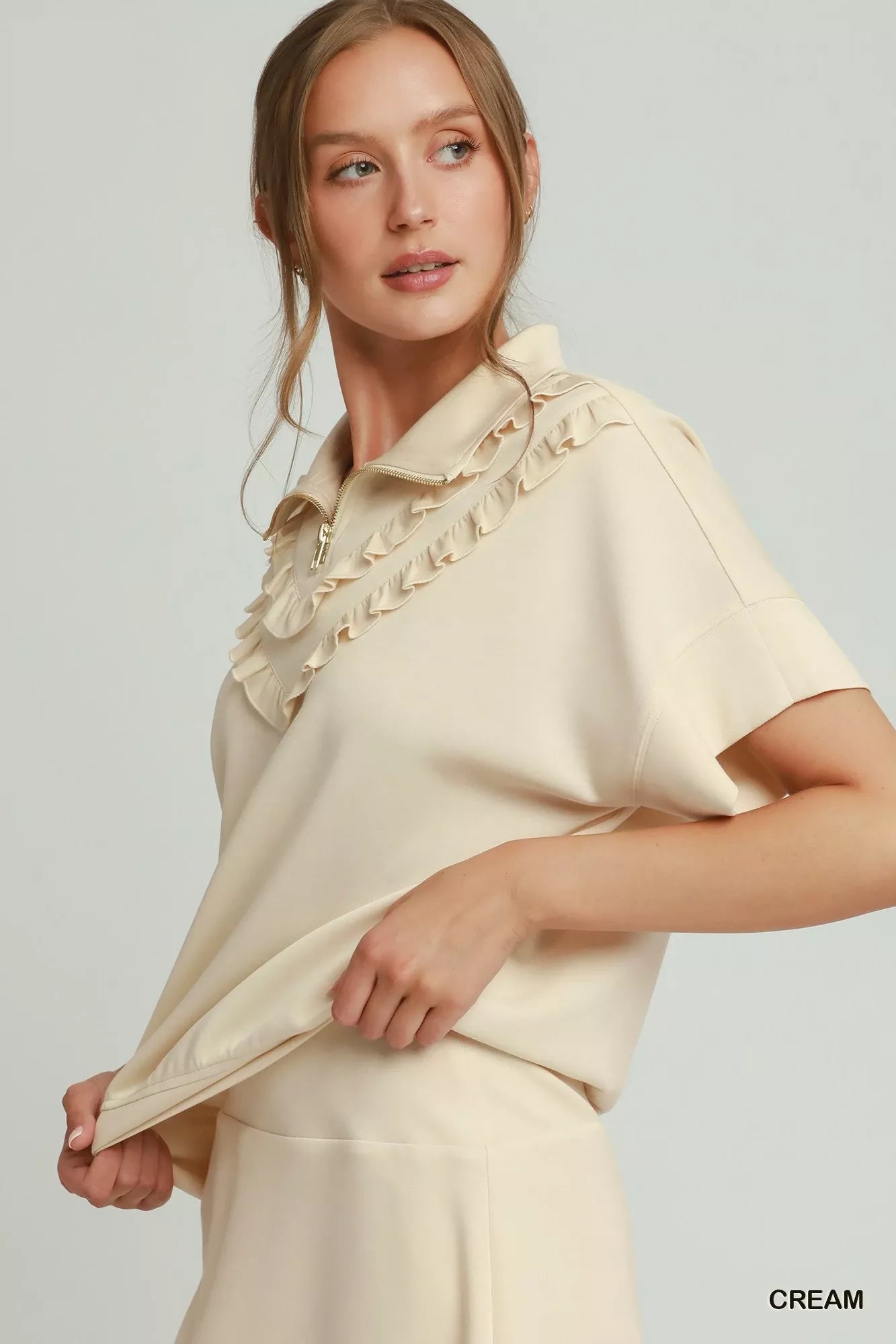 Umgee Ruffle Quarter Zip Short Sleeve Top Secondary image