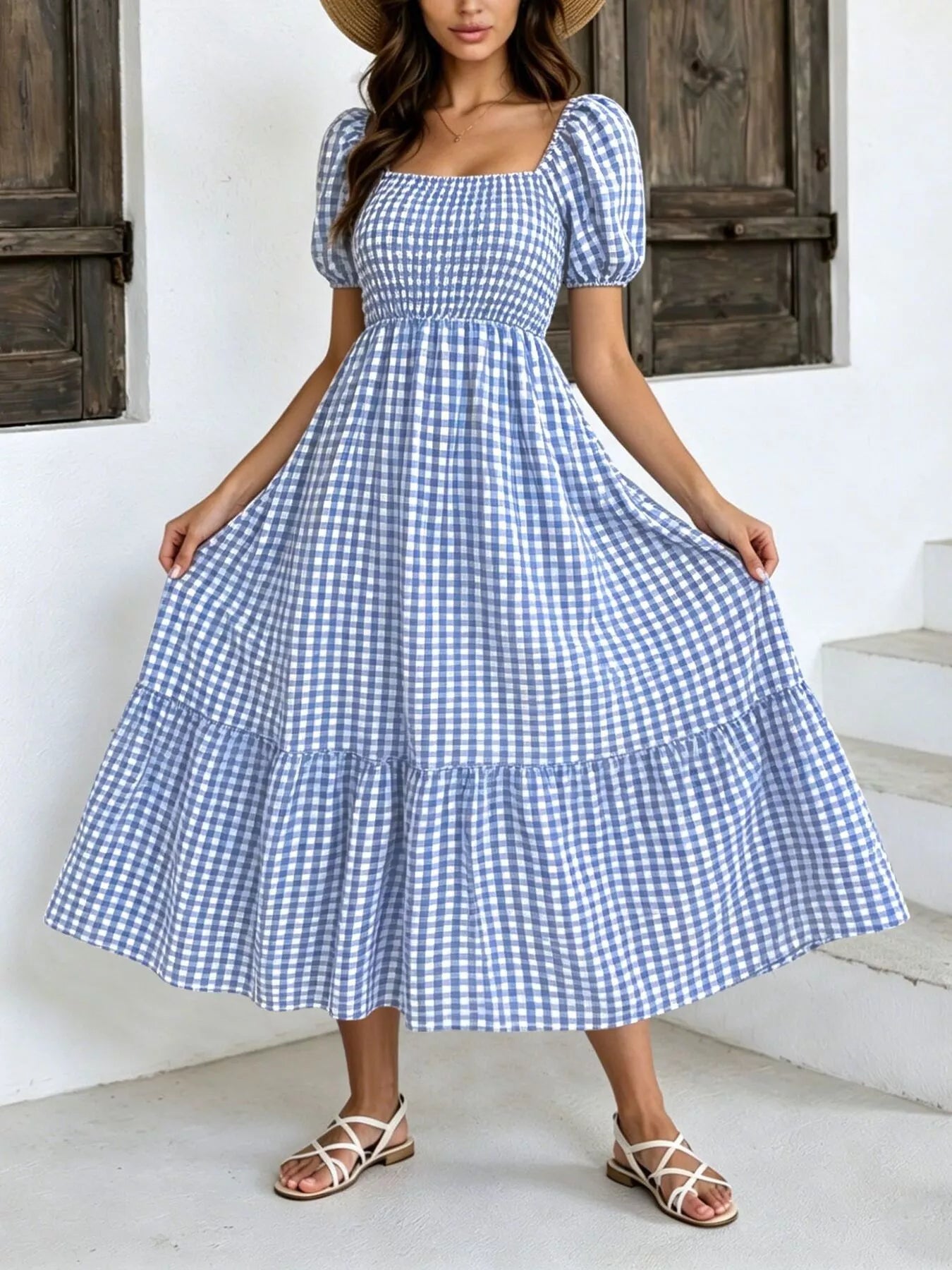 Gingham Smocked Puff Sleeve Midi Dress Secondary image