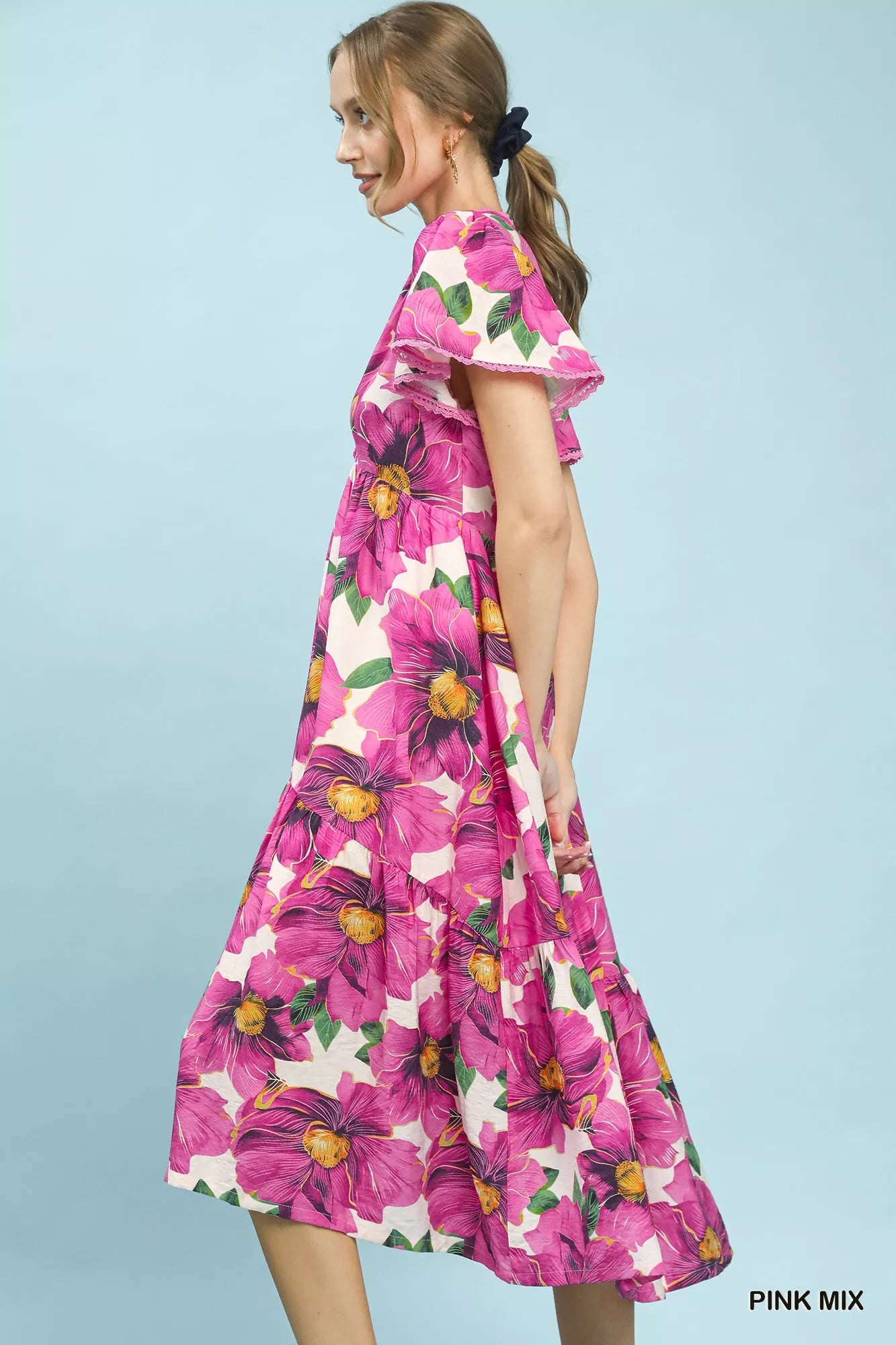 Umgee Tropical Floral V-Neck Flutter Sleeve Tiered Midi Dress Secondary image
