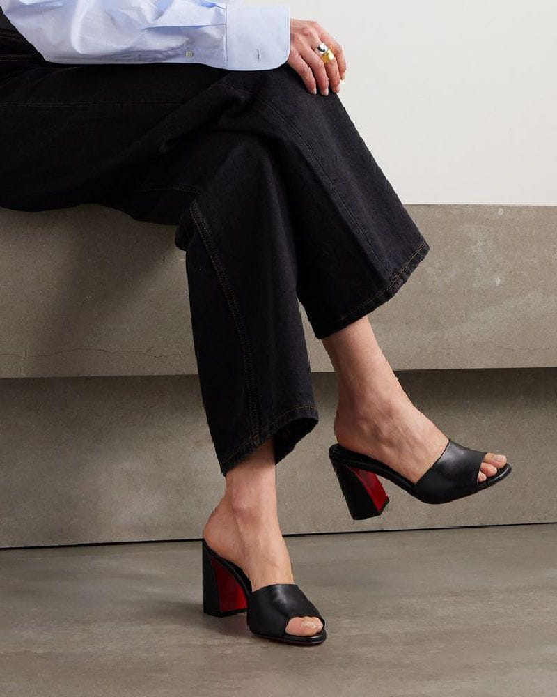 Black Leather Red Sole Block Heel Mule Sandals