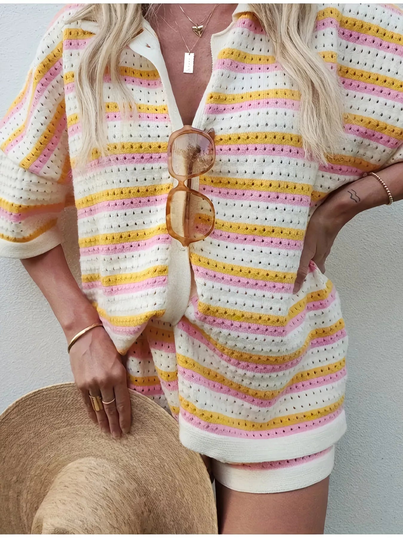 Openwork Button Up Top and Shorts Set Secondary image