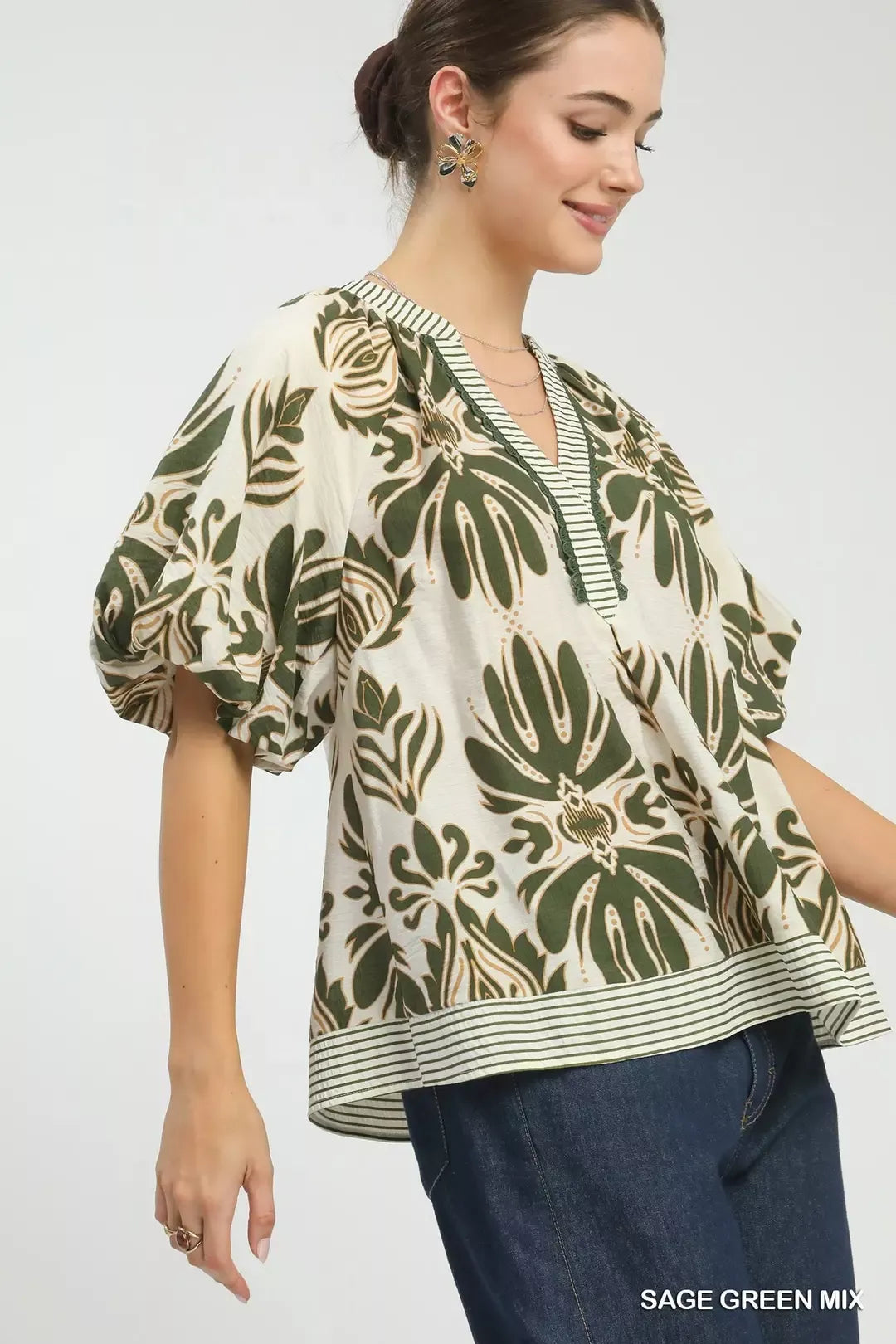 Umgee Mix Printed Puff Sleeve Top with Contrast Trim Secondary image