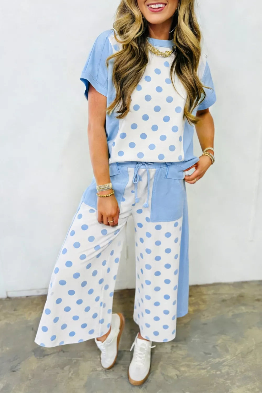 Color Block Patchwork Polka Dot Wide Leg Pant Set Secondary image