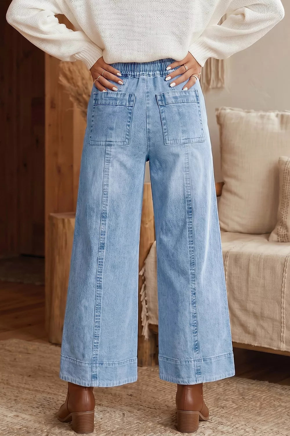 Drawstring Waist Wide Leg Ankle Length Jeans Secondary image