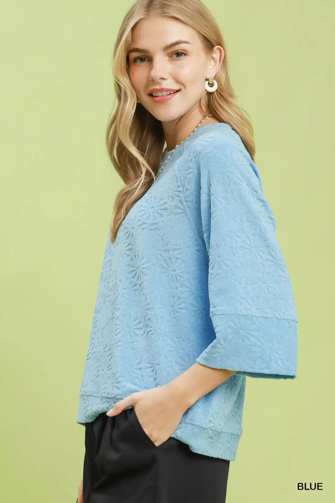 Umgee Round Neck Textured Floral Terry Blouse Secondary image