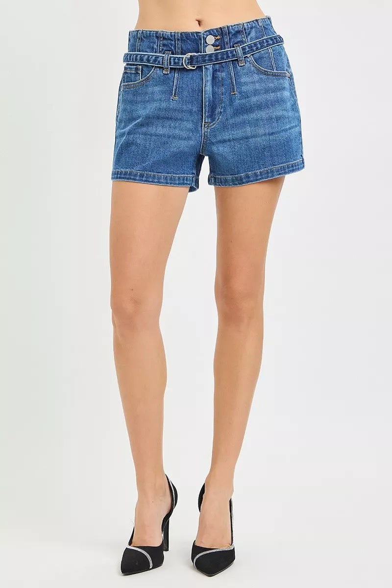 RISEN Double Button Slouchy Denim Shorts with Belt Secondary image