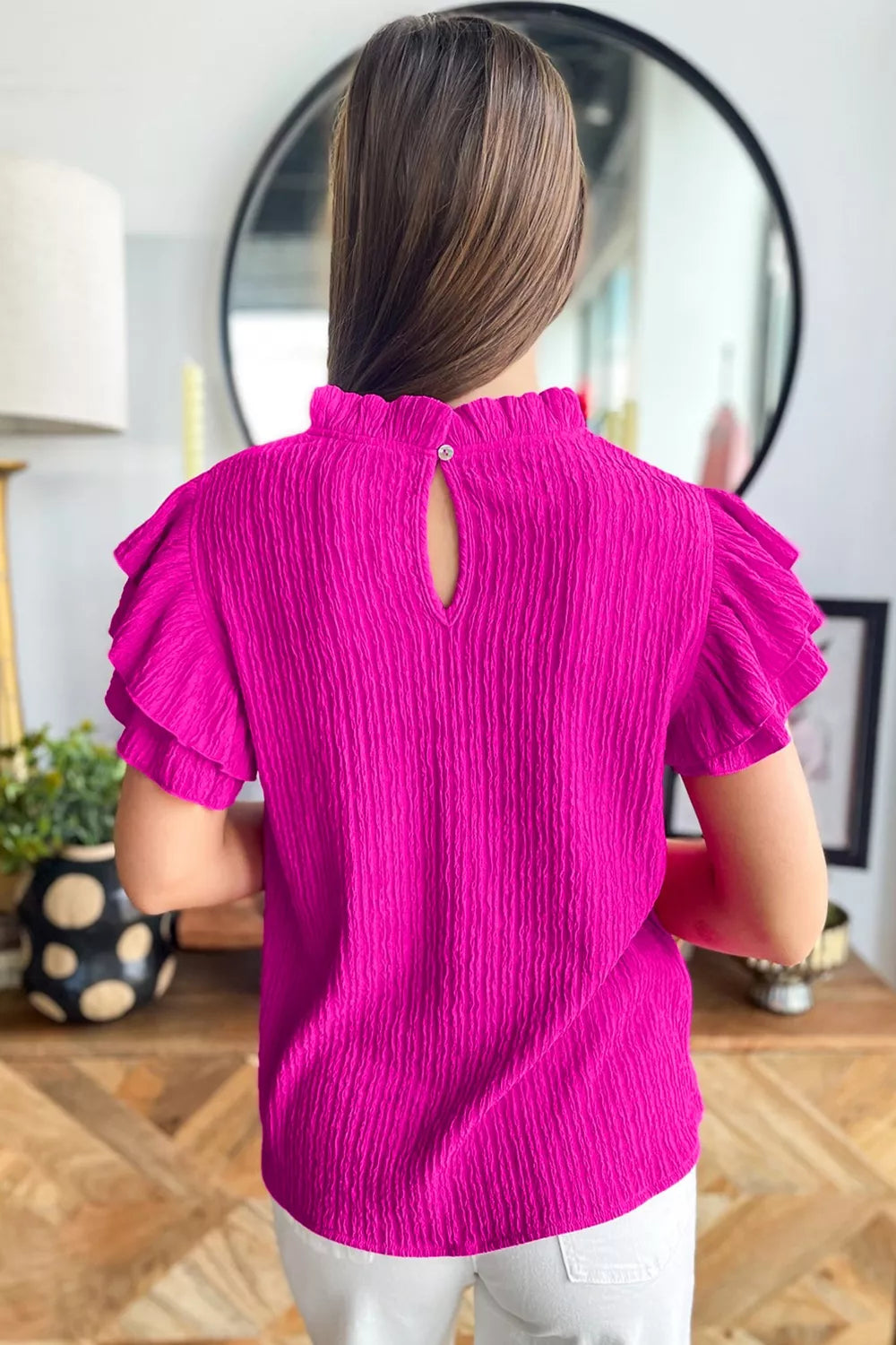 Solid Color Textured Ruffle Trim Short Sleeve Blouse Secondary image