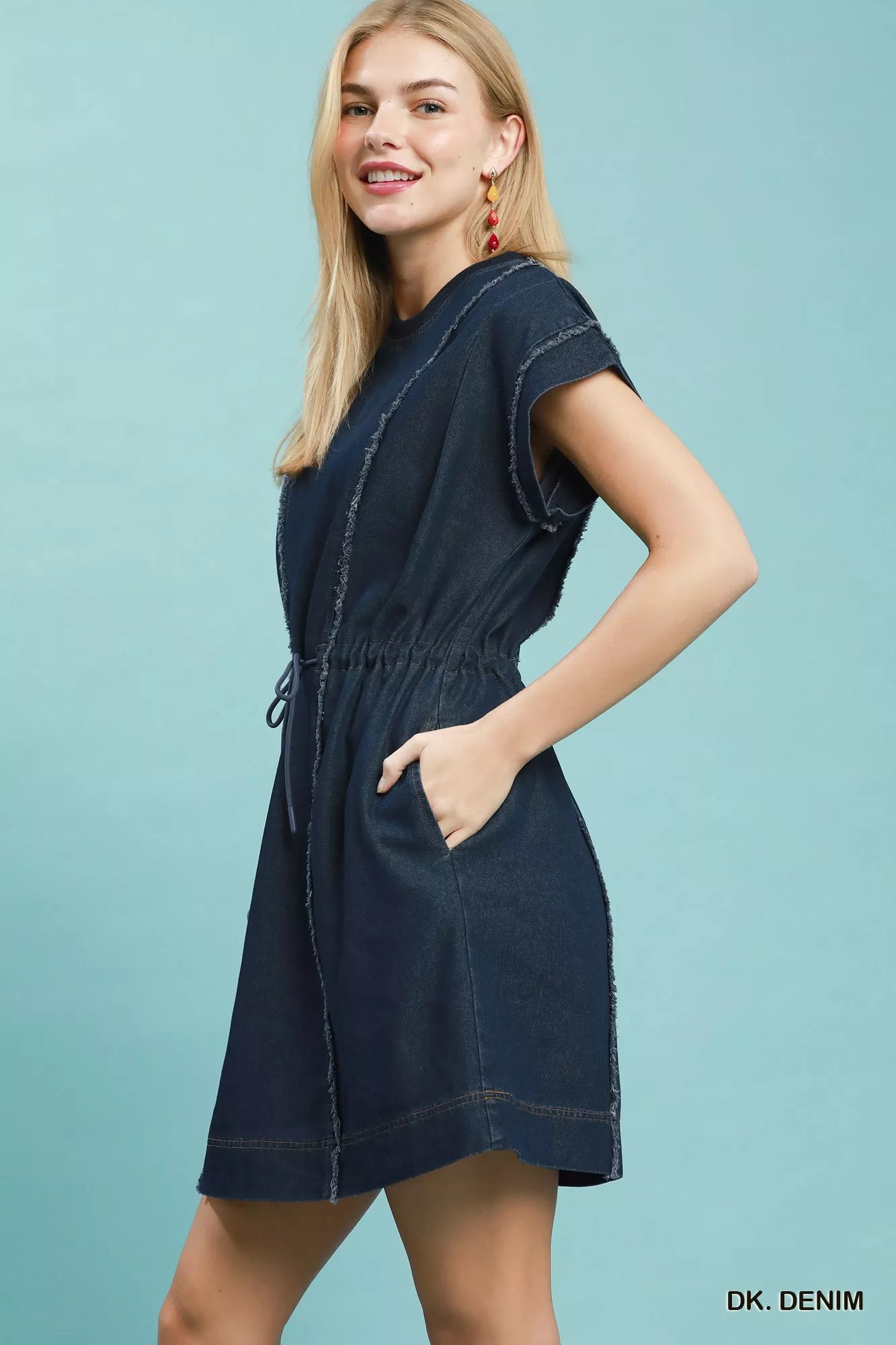 Umgee Drawstring Waist Frayed Denim Mini Dress Secondary image