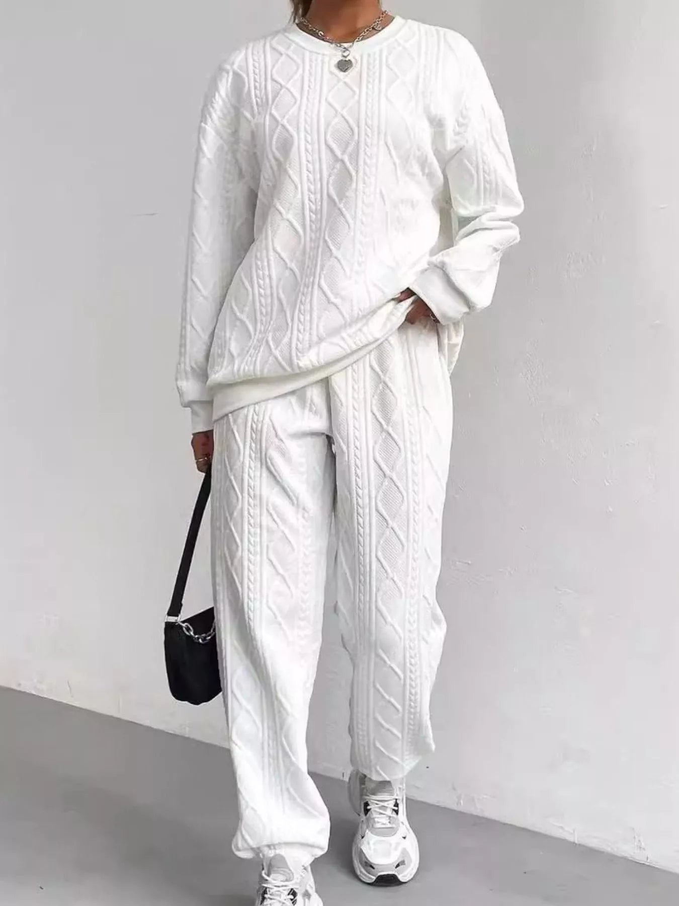 Texture Round Neck Top and Pants Set Secondary image
