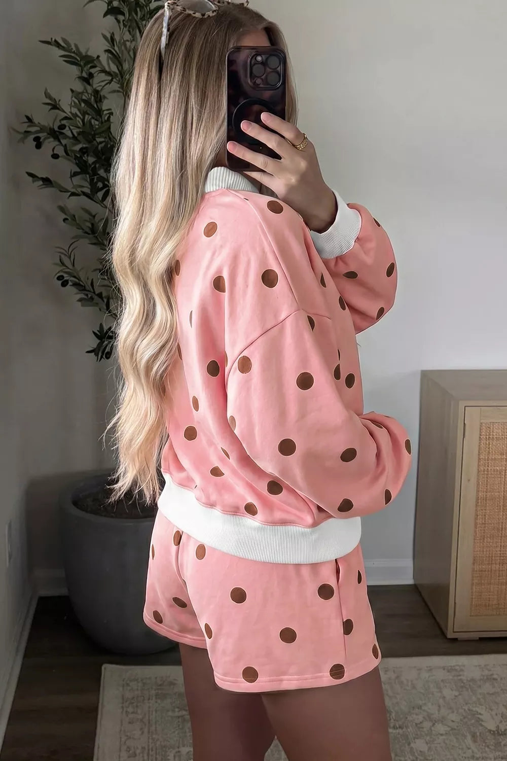 Polka Dot Long Sleeve Sweatshirt and Shorts Lounge Set Secondary image