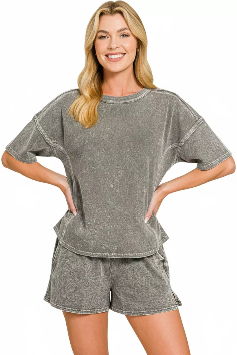Zenana Halo Snow Washed Short Sleeve Tee and Shorts Set Secondary image