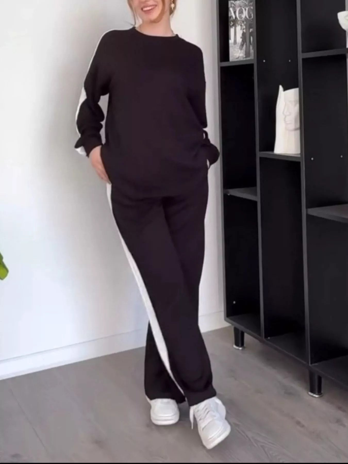Full Size Contrast Round Neck Top and Pants Set Plus Size Secondary image