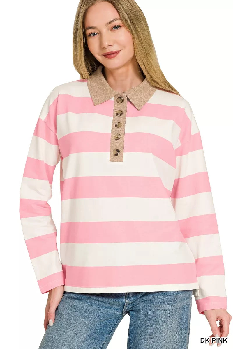 Zenana Striped Contrast Collar Polo Top Secondary image