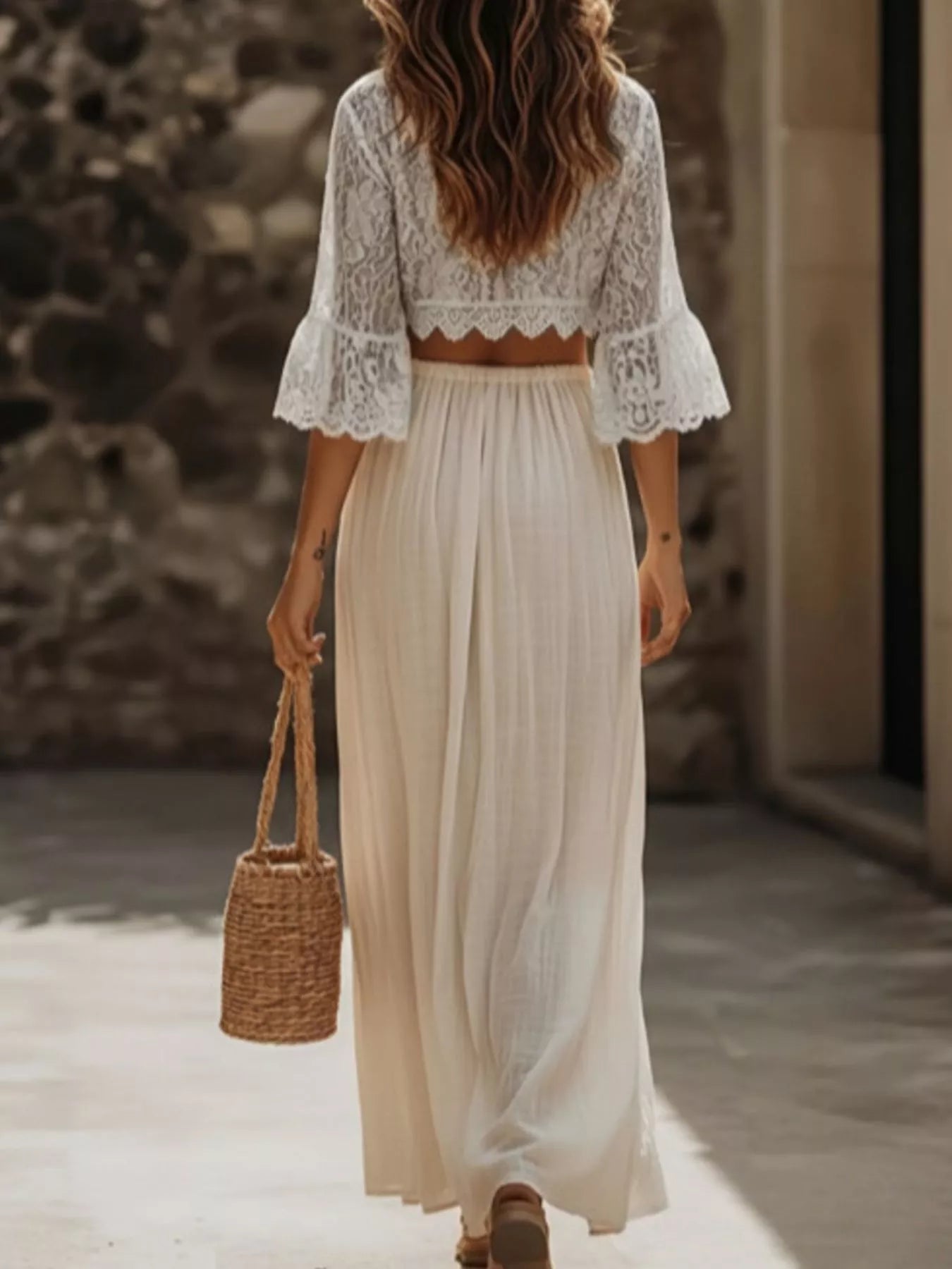 Lace Crop Top and Slit Maxi Skirt Set Secondary image