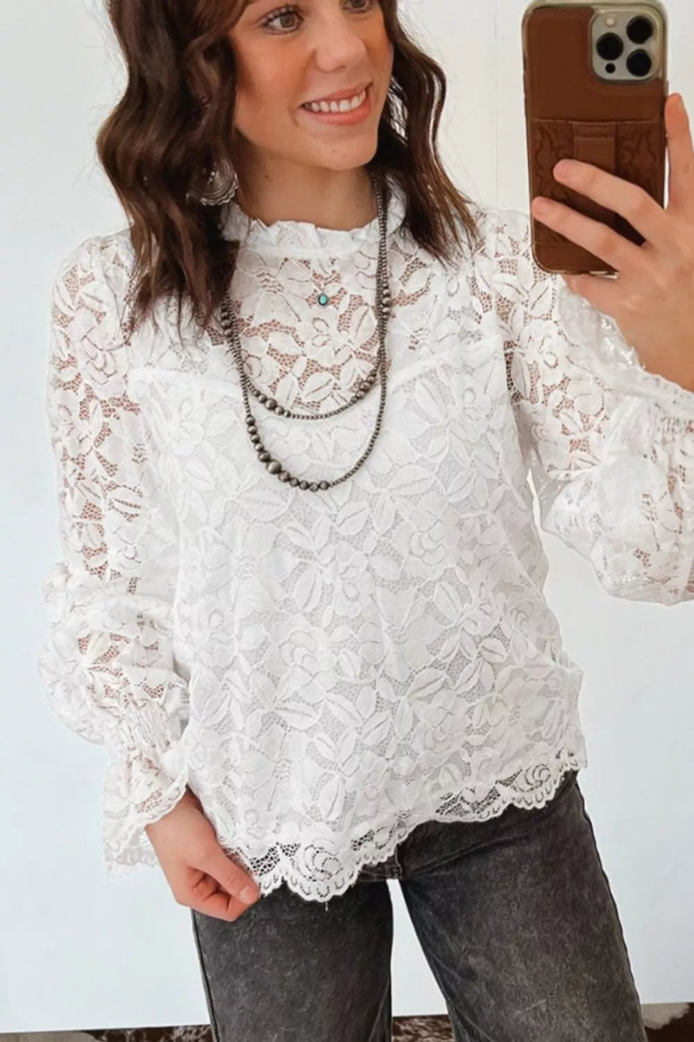 Ruffled Round Neck Long Flounce Sleeve Sheer Lace Blouse Secondary image
