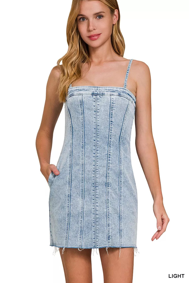 Zenana Spaghetti Strap Exposed Seam Light-Wash Dress Secondary image