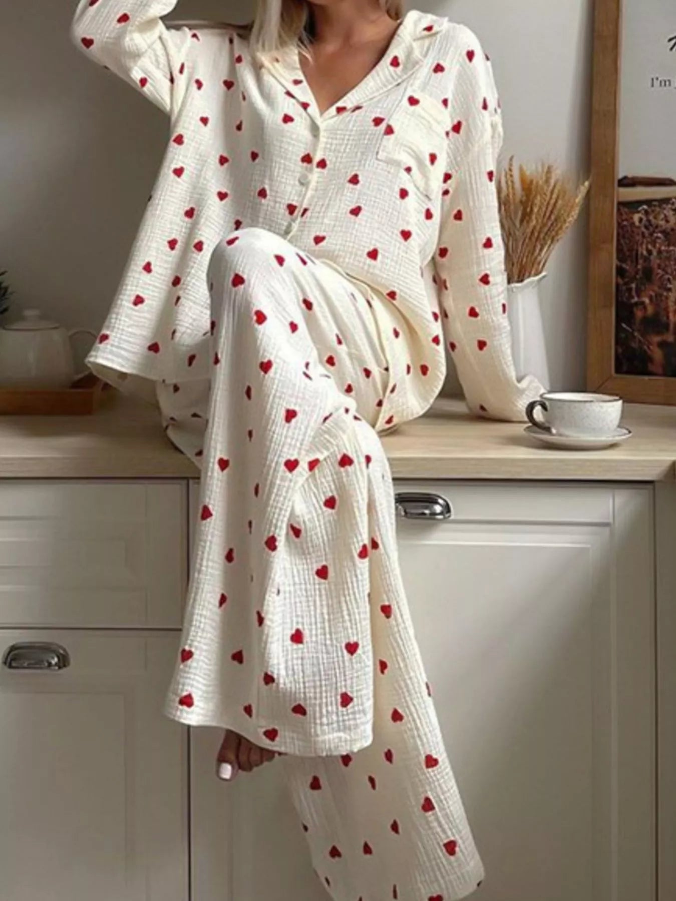 Heart Print Button Up Top and Pants Lounge Set Secondary image