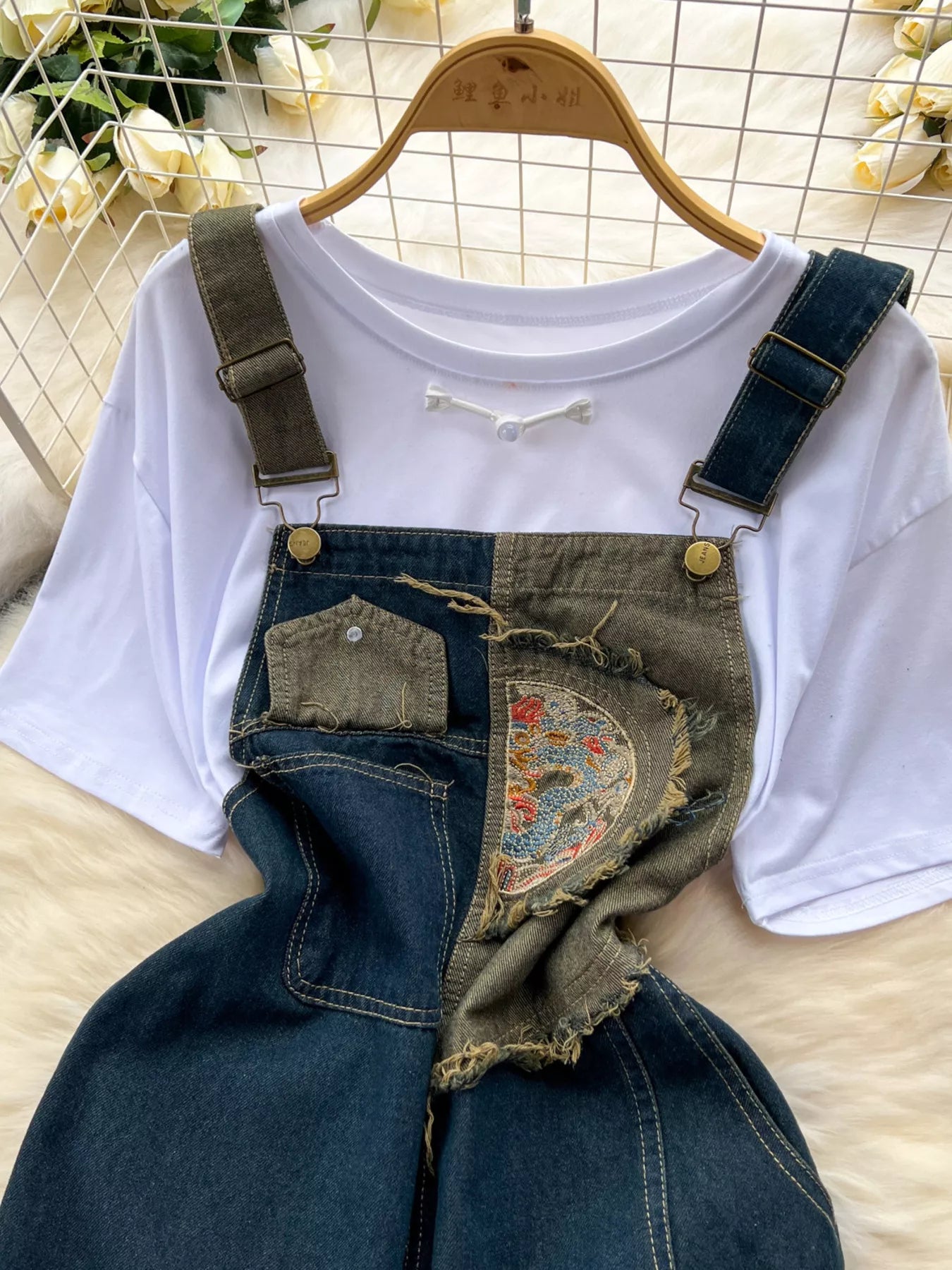 Short Sleeve T-Shirt and Denim Overall Dress Set Secondary image