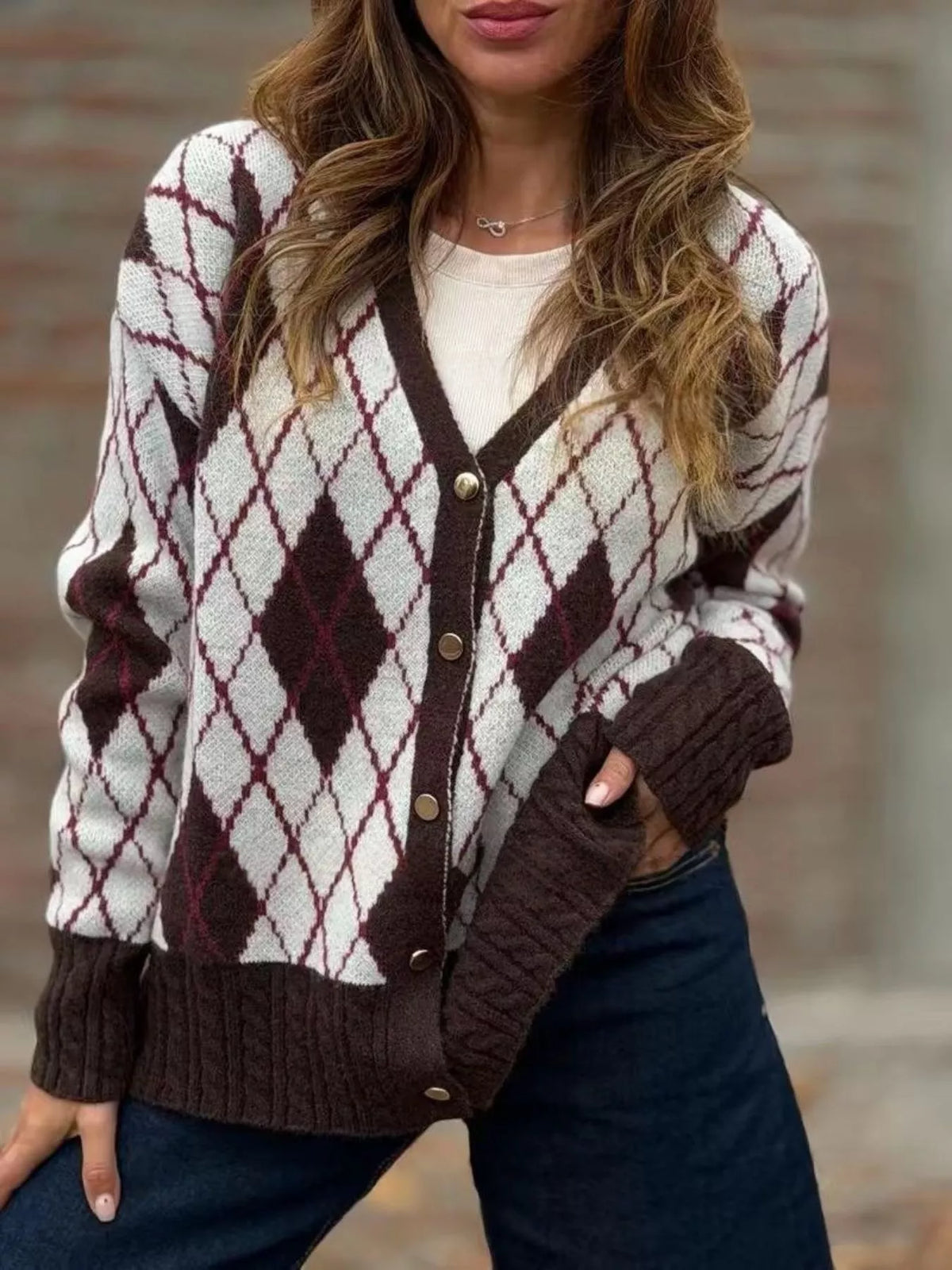 Full Size Argyle Pattern V-Neck Button-Down Knit Cardigan Plus Size - photo 1