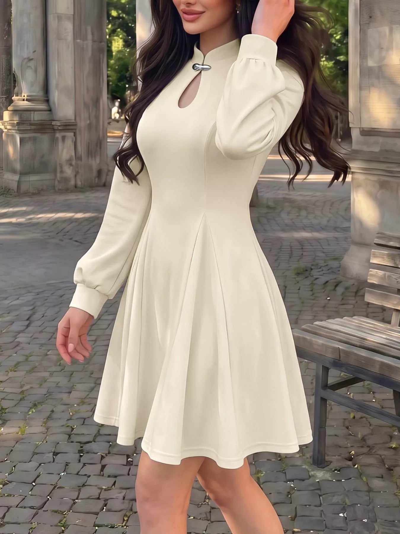 Keyhole Neckline Long Sleeve A-Line Mini Dress Secondary image