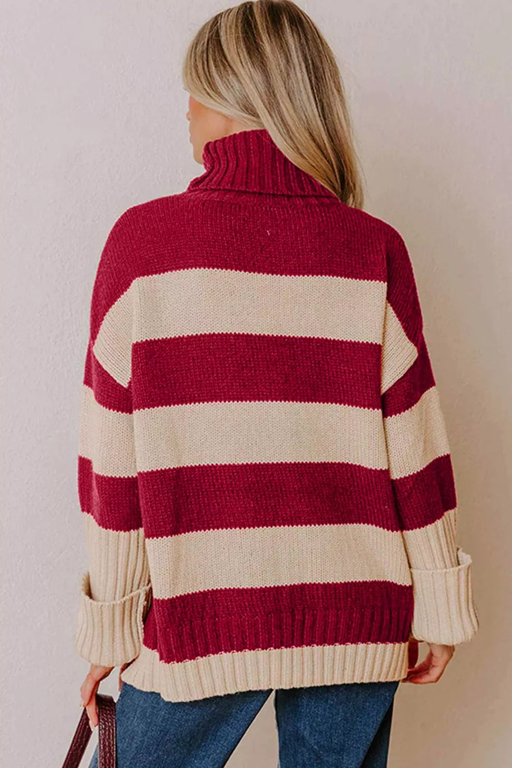 Stripe Ribbed Trim High Neck Relaxed Pullover Sweater Secondary image