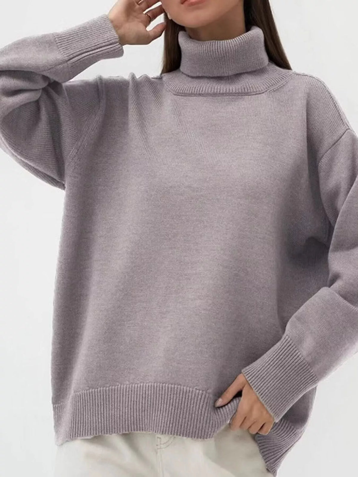 Women's Oversized Ribbed Turtleneck Sweater – Dropped Shoulder Relaxed Fit - photo 29