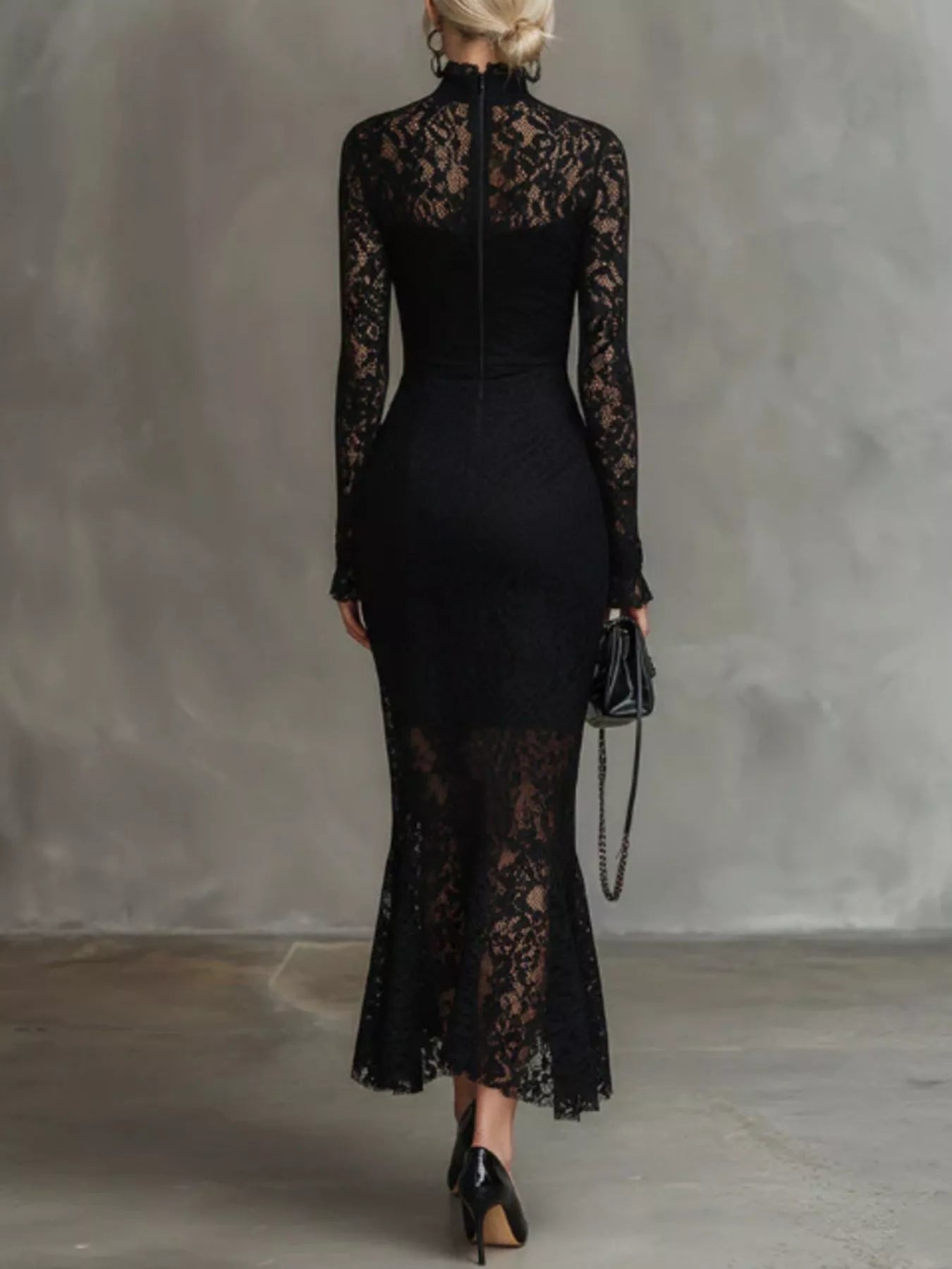 Lace Mock Neck Long Sleeve Mermaid Midi Dress Secondary image
