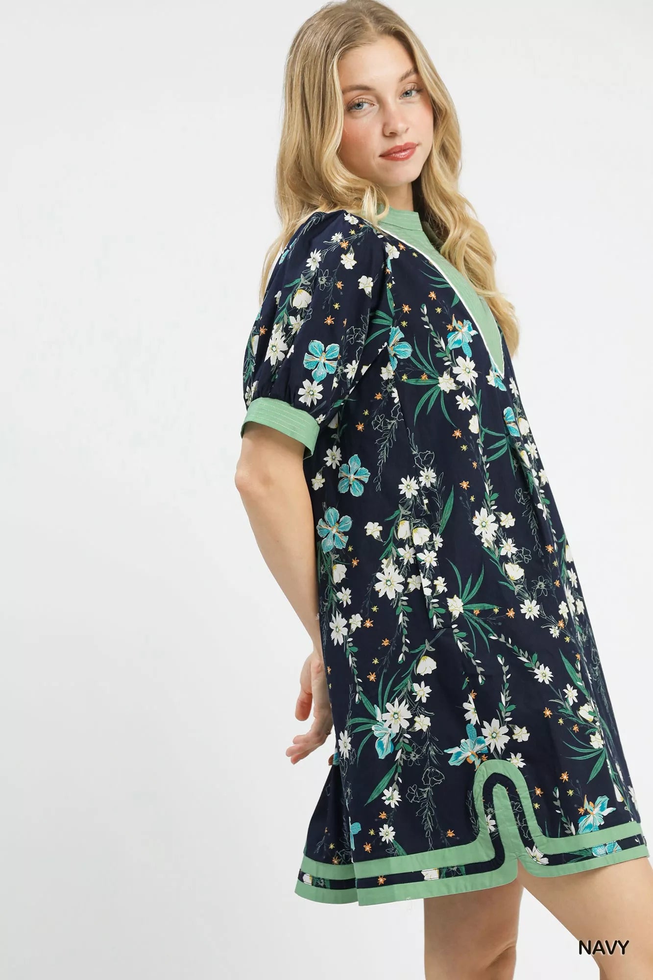 Umgee Floral Puff Sleeve Dress with Contrast Trim Secondary image