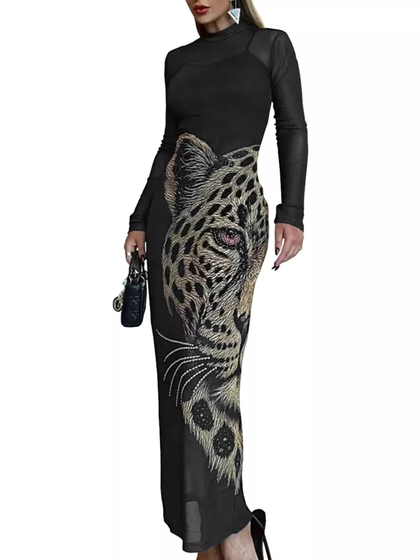 Leopard Print Mesh Long Sleeve Maxi Dress Secondary image